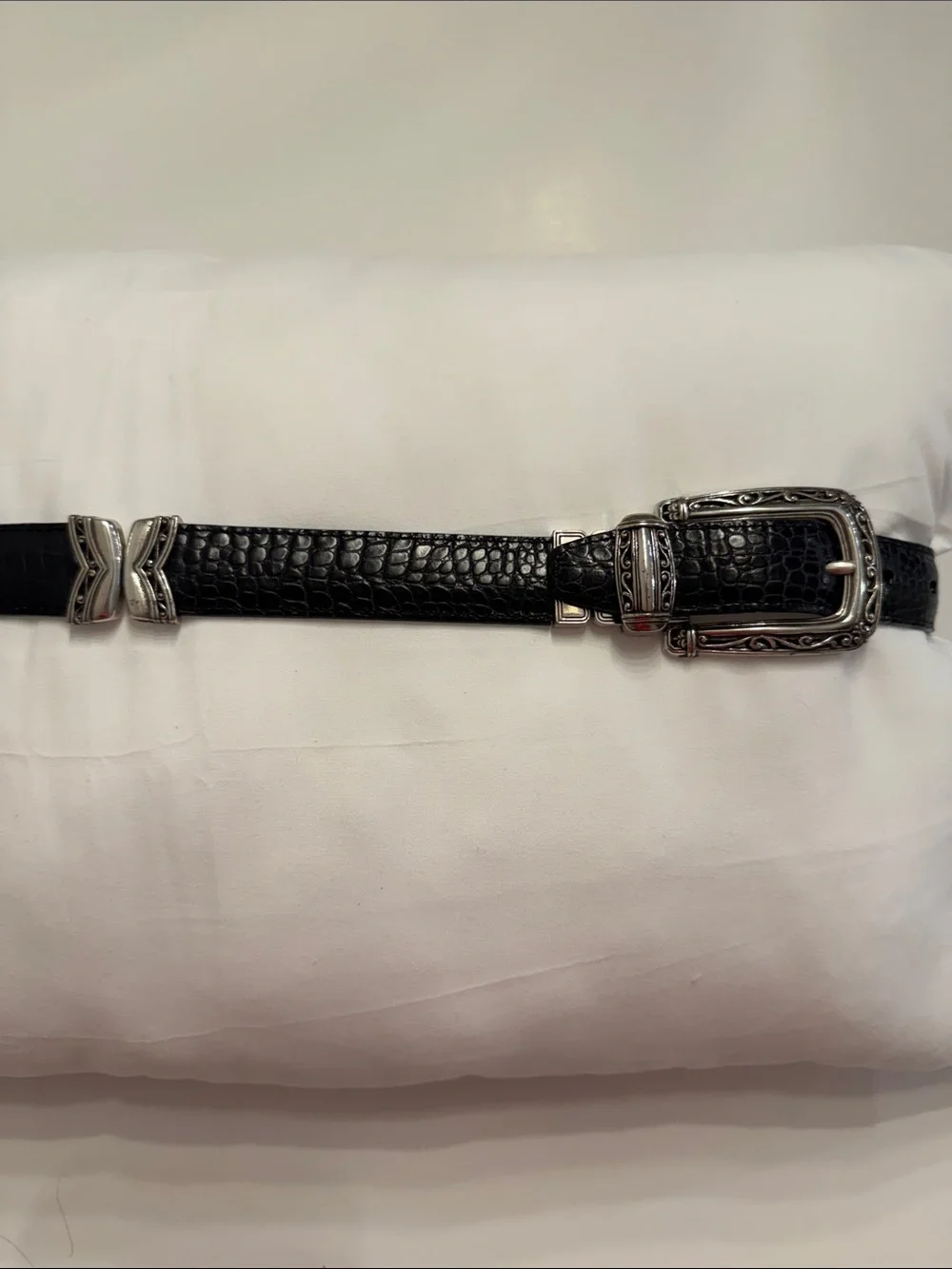 Vintage Brighton Reversible Croc-Embossed Leather Belt w/Ornate Silver Buckle